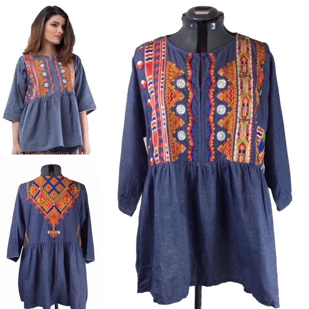 4/$25 Khaadi Embroidered Chambray Peplum Top SZ 14